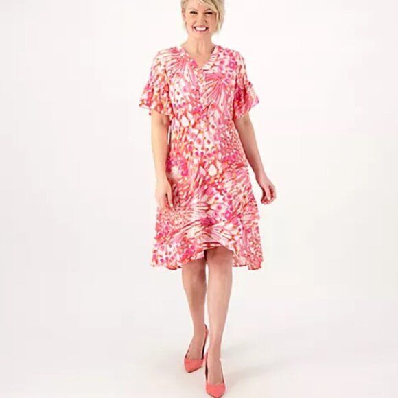 Isaac Mizrahi Live! Petite Printed Crepe Midi Dress w/Ruffle Detail - Picture 1 of 2